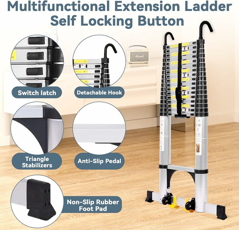 26.2FT Telescoping Ladder, Aluminium Extension Ladder w/Triangle Stabilizers & Detachable Hooks, 330lbs Capacity Collapsible Lad