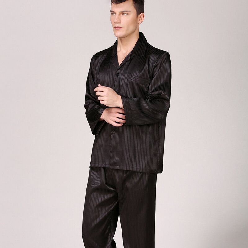 Spring Autumn Men Turn-Down Collar Striped Jacquard Satin Long Sleeve Shirt Pants Pijama Sleepwear Pajama Nightwear Homewear