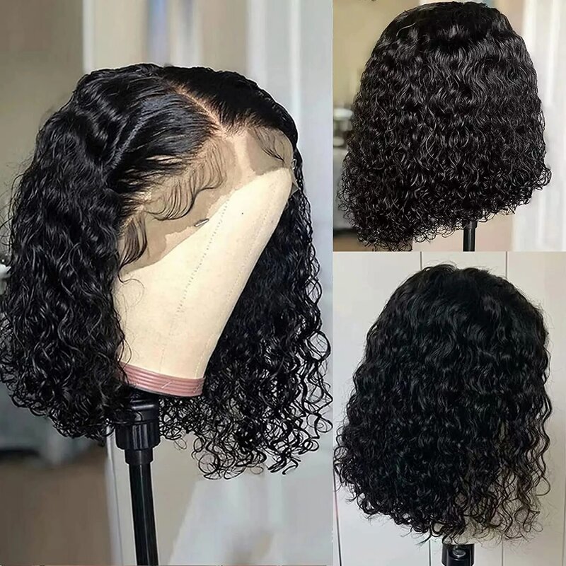 Pelucas de cabello humano virgen brasileño para mujer negra, pelo corto prearrancado con encaje Frontal 13x4, 180% de densidad, onda profunda