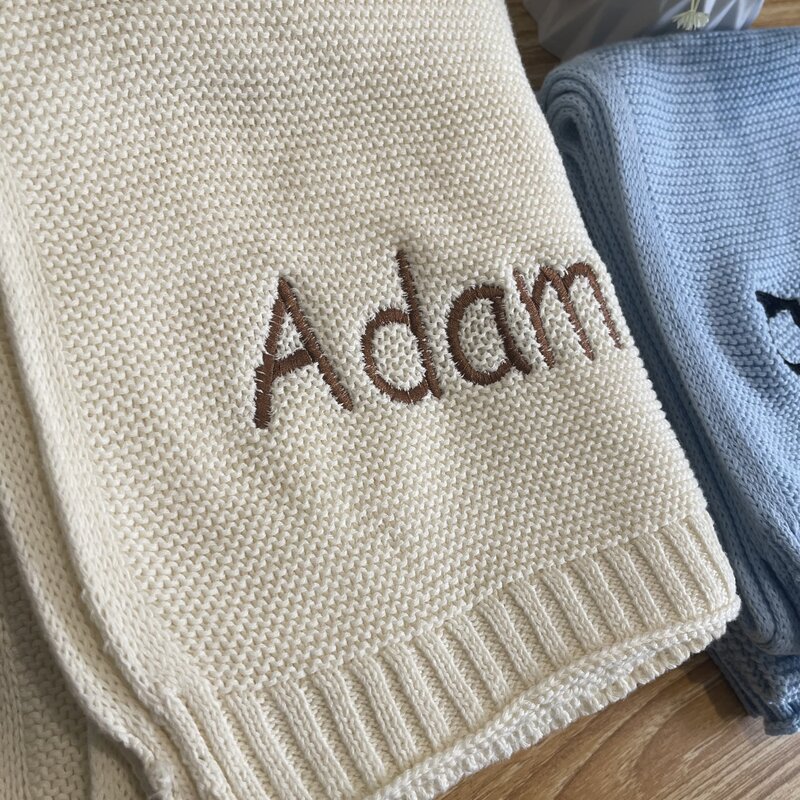 Manta bordada con nombre para bebé, manta de punto de algodón suave y transpirable, regalo personalizado para recién nacido