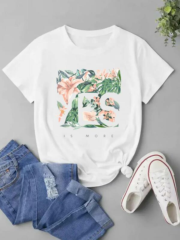 Camiseta de manga corta con estampado de flores para mujer, ropa con estampado de acuarela, cuello redondo, moda