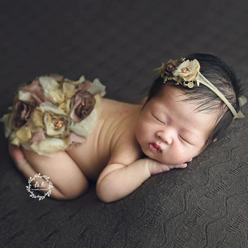 Kostium fotograficzny dla noworodka rekwizyty fotograficzne opaska na głowę dziewczynka + okrągła kwiatowa okładka na sesję zdjęciową dla noworodka