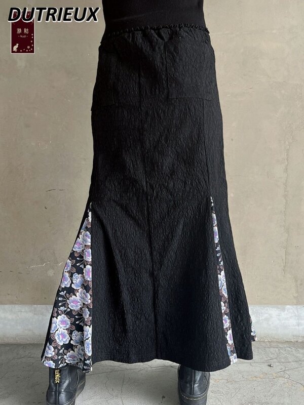 Новая японская весенне-летняя длинная юбка рыбий хвост с вышивкой и кружевом черные универсальные юбки для девочек с высокой талией