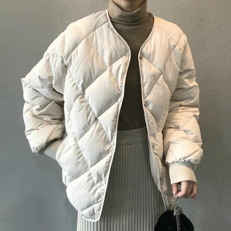 Retro romb damski bawełniany płaszcz 2023 zimowy modny, z kieszeniami krótki bawełniany płaszcz bez kołnierza w stylu Vintage z długim rękawem odzież wierzchnia