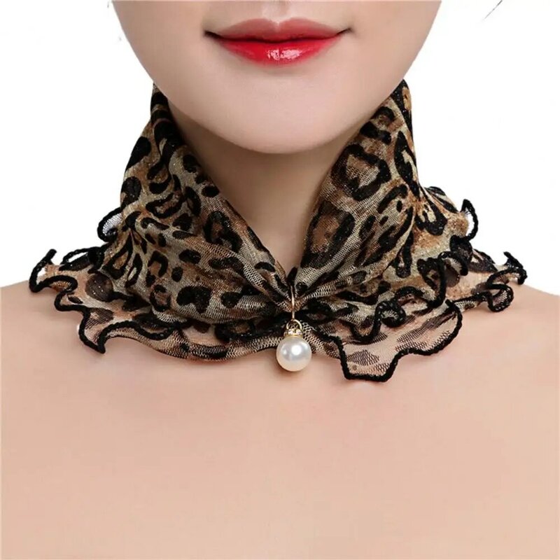 New Fashion Neck Collar Print Shiny Loop Scarf Ruffle Lace Scarf Pearl Pendant Organza Chiffon Scarves  Headband
