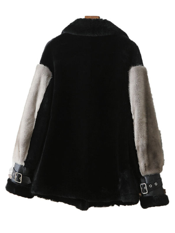 MENINA BONITA 2023 Sheepskin Coat For Women Real Sheep Fur Jackets Merino Fur With Real Mink Fur Sleeve Motorcycle Female Winter
