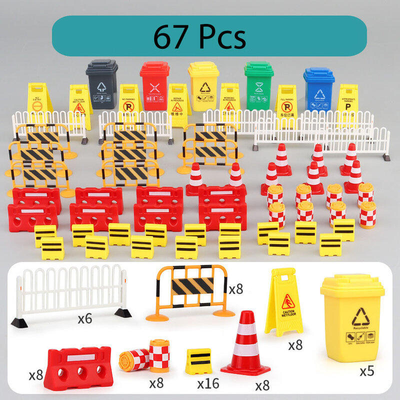 Mainan Model anak-anak, Set lengkap 95 Model mainan kognitif jalan untuk rintangan lalu lintas, tempat parkir, properti simulasi rambu jalan