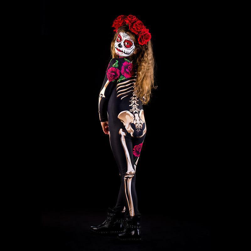 Fantasma assustador Skull Devil para adultos e crianças, esqueleto de Halloween, macacão de carnaval, roupas cosplay, Party Day of The Dead, menina, mulheres