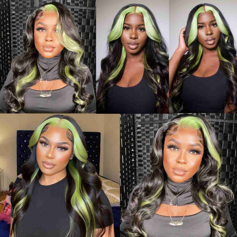 Парик в зеленую полоску Skunk, парики без клея, фронтальные парики с высокой четкостью, синтетические волосы, фронтальные зеленые волнистые волосы, парики для косплея для женщин