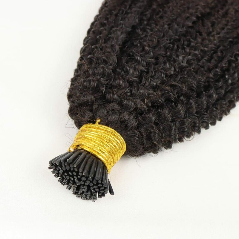 Ekstensi rambut ujung I keriting ikal kuncir ganda rambut manusia sambungan asli Remy Mongolia 3c 4a rambut fusi keriting Afro Kinky