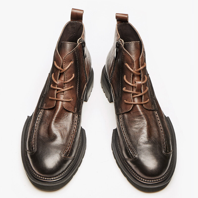 Sepatu bot kulit pria, sepatu bot gaya ritsleting luar ruangan berkualitas tinggi, sol tebal ujung bulat, sepatu bot bertali untuk pria
