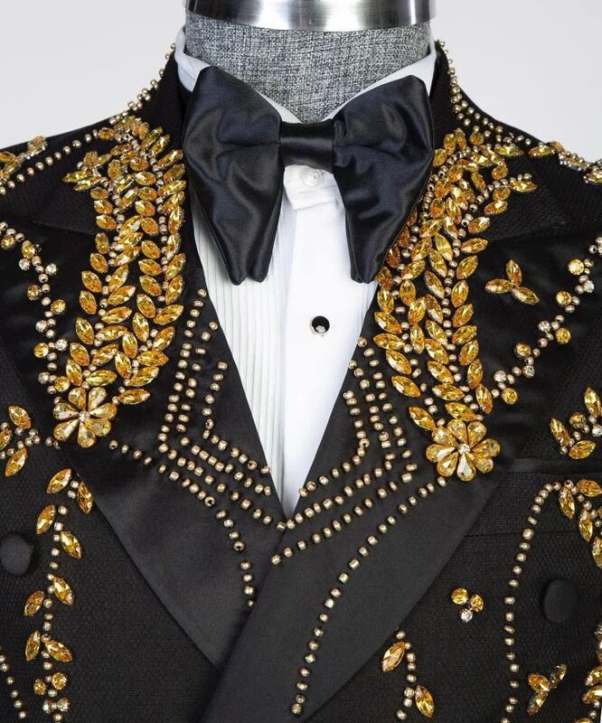 Cristalli di lusso abiti da uomo neri Set 2 pezzi Blazer + pantaloni ponte sposo smoking da sposa doppio petto giacca su misura cappotto