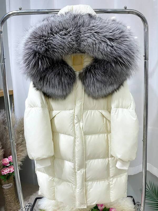 Jaket bulu angsa untuk wanita, pakaian luar musim dingin kerah bulu rubah putih hangat asli, mantel panjang tebal mewah untuk wanita
