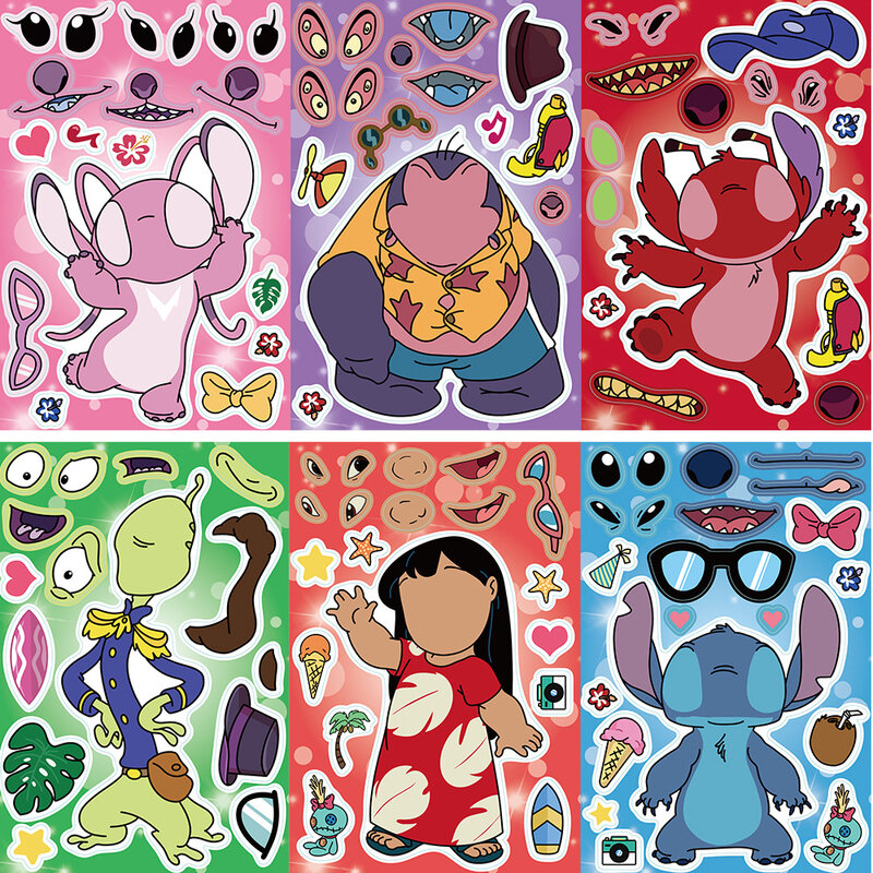 Autocollants de puzzle de dessin animé Disney Stitch pour enfants, faire un visage d'anime mignon, jouets de bricolage, assemblage amusant, puzzle pour enfants, garçons, filles, 8 feuilles