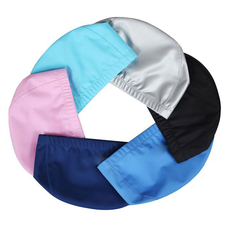Elastic Waterproof PU Fabric Protect Ears Long Hair Sports Swim Pool Hat Swimming Cap Free size for Men & Women Solid Color
