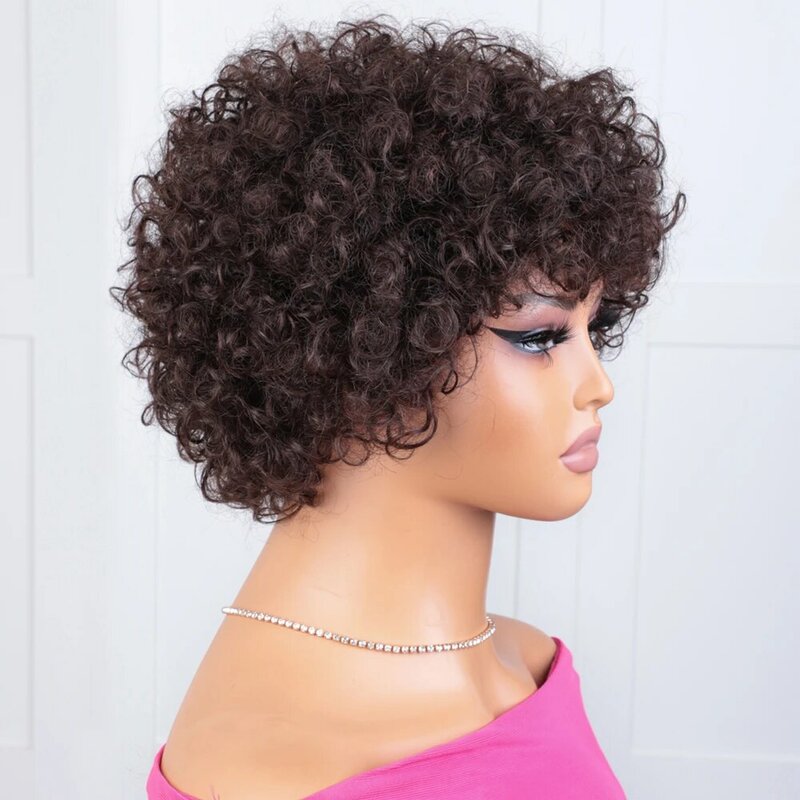 Ketebalan 180% wig keriting keriting Afro dengan poni halus rambut manusia Remy mesin penuh wig dibuat pendek tanpa lem wig keriting Afro untuk W