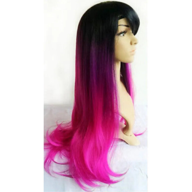 WIG Ladies Ombre 3-Tone Bla/Purple/Hot Pink 27 Long Straight Hair Vogue Style Wig