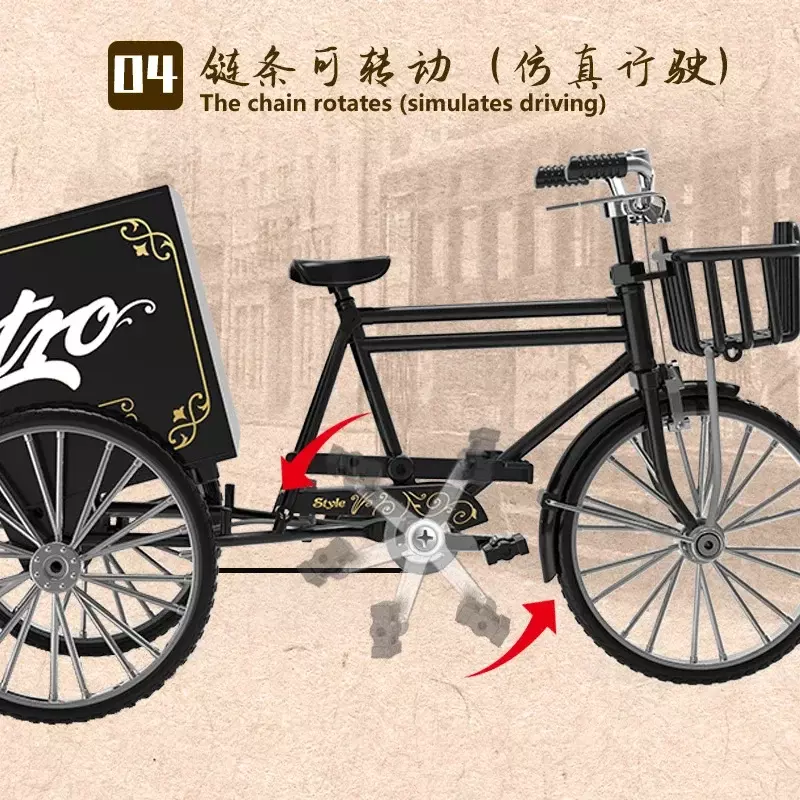 Bicicleta triciclo com modelo retro, 1: 10 modelo, presentes do brinquedo