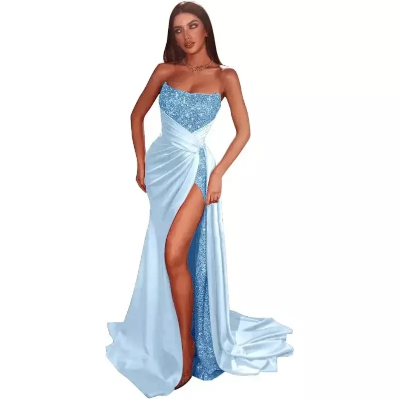 PuTao Glitter Sequin Prom Dresses Satin Mermaid Slit Bridesmaid Dress Sparkly Stretch Long Formal Wedding Gown Evening Dresses