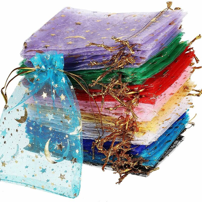 Lote de 50 unidades de bolsas de Organza con estampado de estrellas y luna de Navidad, 7x9, 9x12, 11x16, 13x18cm, con cordón, para embalaje diario de joyería