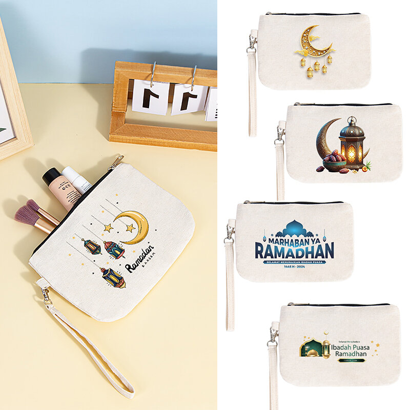 Ramadan Printed Mini Canvas Bag with Handheld Zipper Travel Makeup Bag Interior Waterproof Change Bag Mouth Red Bag Storage Bag