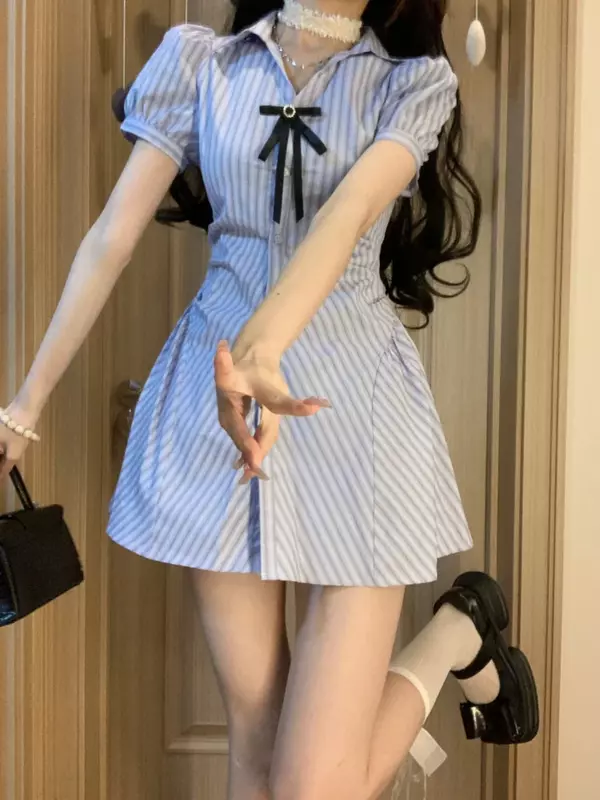 Mini Dresses Women Striped Preppy Style Fashion Slim Casual Ulzzang Girls Lapel Tender Single Breasted Hotsweet All-match Chic