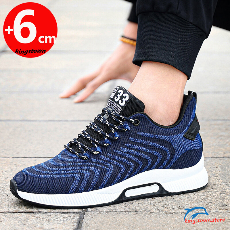Sepatu kets Sneakers untuk pria, sepatu kets jaring putih sol dalam penambah tinggi badan, sepatu Sneakers 6CM ukuran Plus 37-44