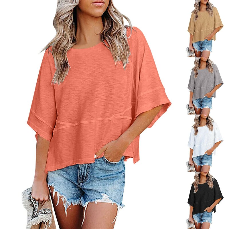 Women's Clothing Fashion Casual Patchwork Solid Loose Pullovers Casual Ladies Round Neck Trumpet Three Quarter Sleeve T-shirts