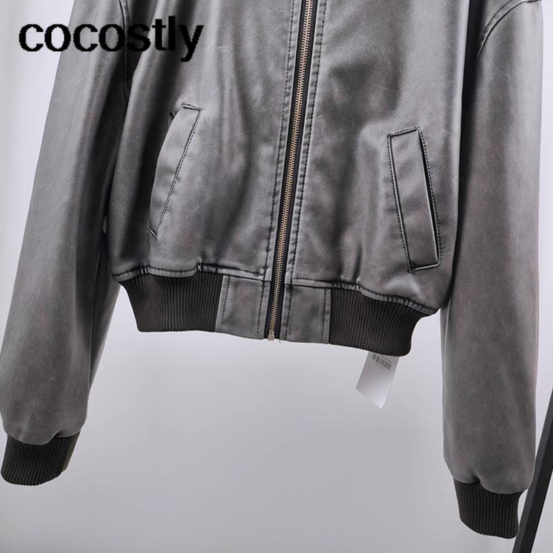 Cocostly 2023 Autumn Vintage Distress Faux Leather Zip Pocket Crop Bomber Jackets Female Pu Street Short Baseball Coats Outwear