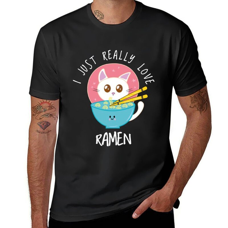 T-shirt esthétique Kawaii pour hommes, vêtements noirs, I Just Really Love, Ramen Cat