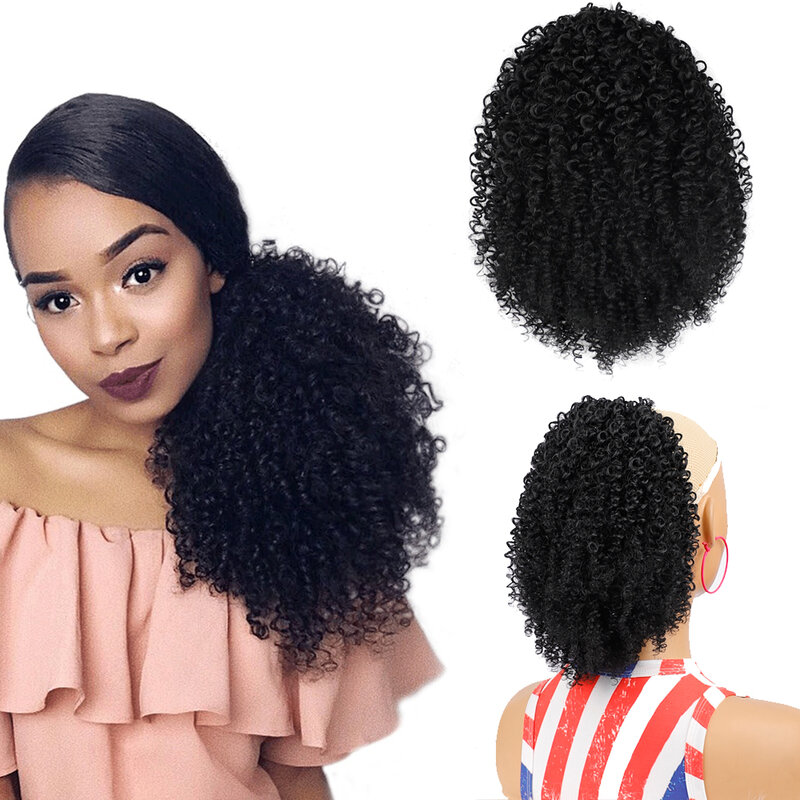 Short Afro Puff Kinky Curly Drawstring Ponytail Synthetic Hair Extension for Black Women Fake Hairpiece with Two Clips