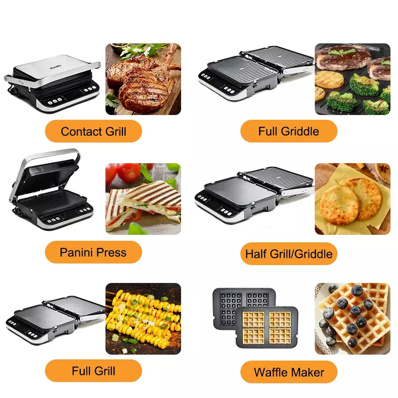 2000W Electric Contact Grill Digital Griddle and Panini Press, Optional Waffle Maker Plates, Opens 180 Degree Barbecue