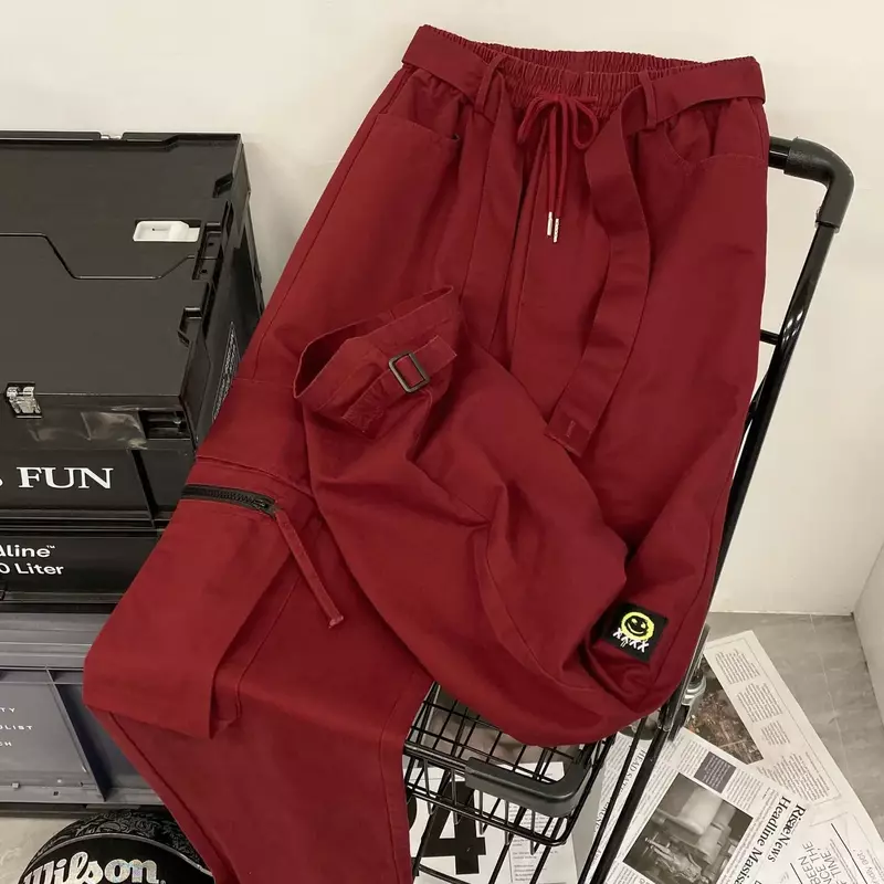 Główna ulica czerwone spodnie cargo Trend studencki luźne amerykańskie spodnie dresowe damskie wąskie spodnie z wysokim stanem szerokie nogawki y2k damskie spodnie