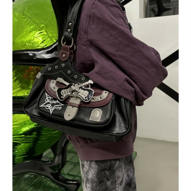 JIAERDI Gothic Punk Y2k torby damskie Harajuku estetyczna skórzana patchworkowa torebka na co dzień kobiece Vintage czarne torby na ramię Chic