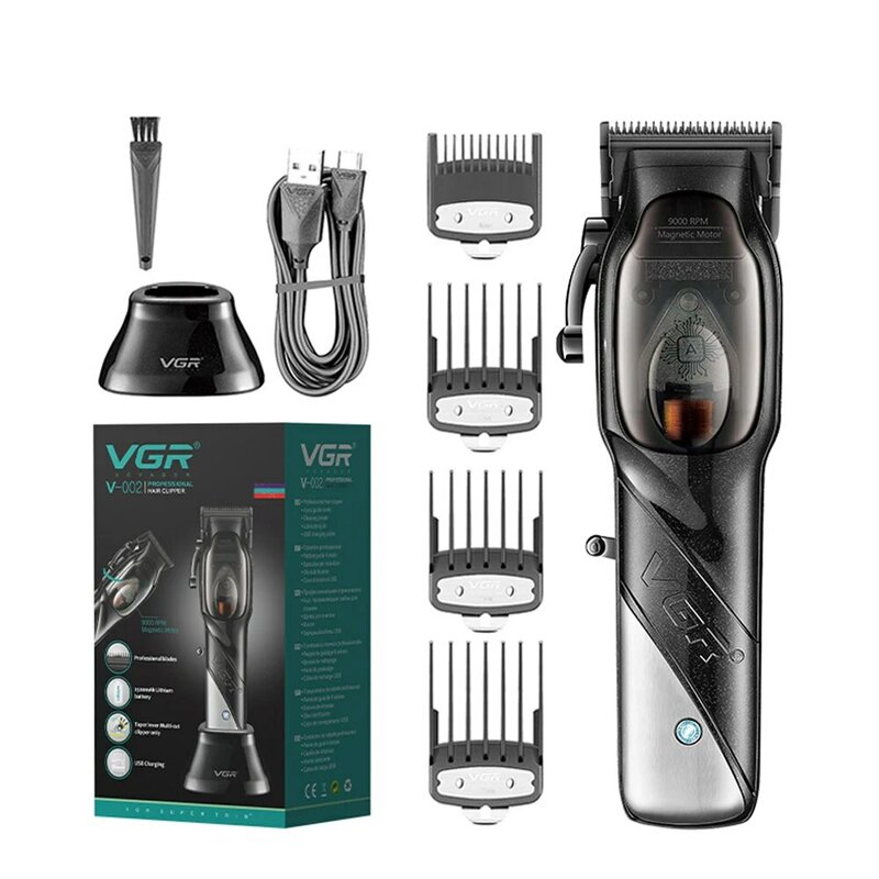 Cordless recarregável Clipper cabelo para homens, máquina profissional de corte do cabelo, motor magnético, salão, VGR002, 9000rpm