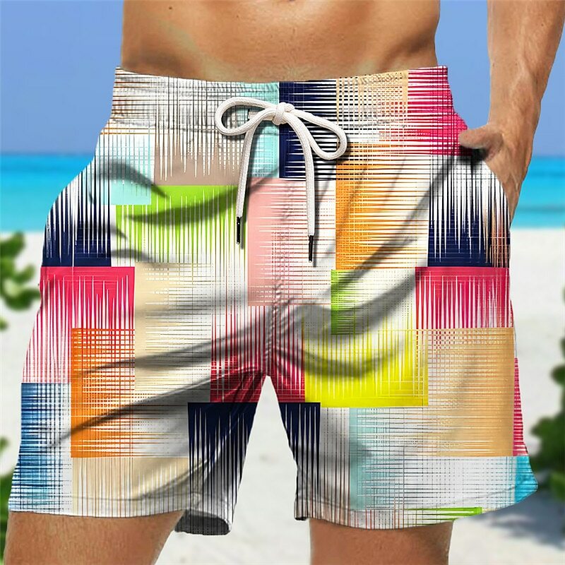 Pantalones cortos de baño para hombre, bañador con cordón, estampado de rayas, geometría, secado rápido, informal, Hawaiano, microelástico