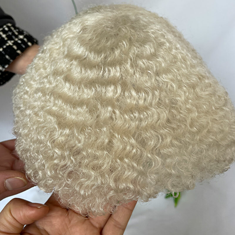 Human Hair Wigs For Men 100% Human Remy Hairpiece System #60 lightest Blonde White Hair Color 6mm Afro Curl 8x10 Full Lace Toupe