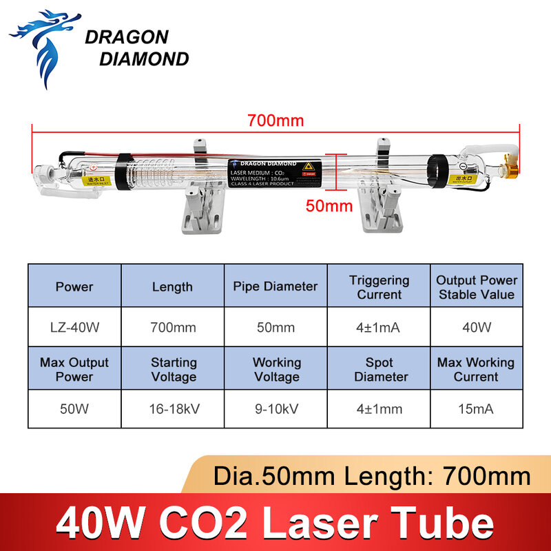 Vidro Laser Tubo Lâmpada para Gravação Máquina de Corte, CO2 Laser Tubo Comprimento 700mm, K40 Série, Alta Qualidade, 40W