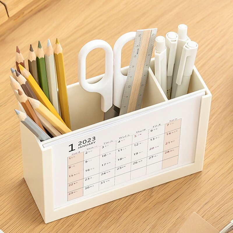 Calendario de escritorio 2023, soporte para bolígrafos, organizador de escritorio, almacenamiento de papelería, decoración de escritorio de oficina de negocios, color rojo ladrillo