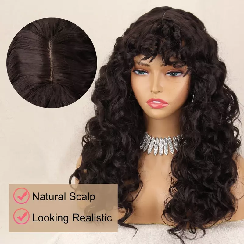 Brown Curly Wig with Bangs Long Vintage Hairstyle with Curly Fringe Synthetic Wig Big Bouncy Fluffy for Women Daily Use Party ﻿
