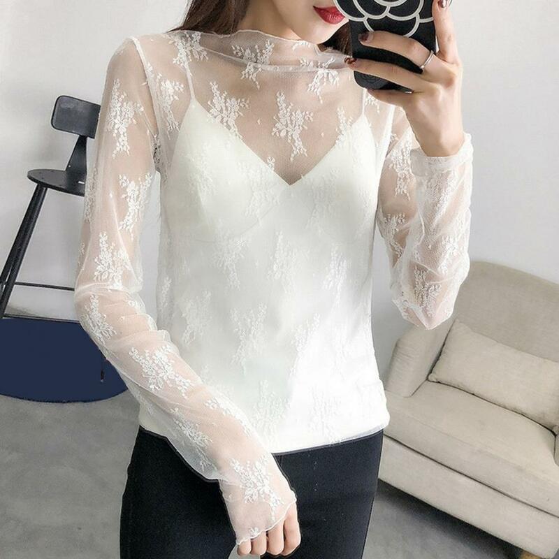 Women Floral Top Embroidered Lace Shirt Floral Embroidered Lace Sheer Mesh Women's Tops Sexy Clubwear Shirt with Crew Neck Long