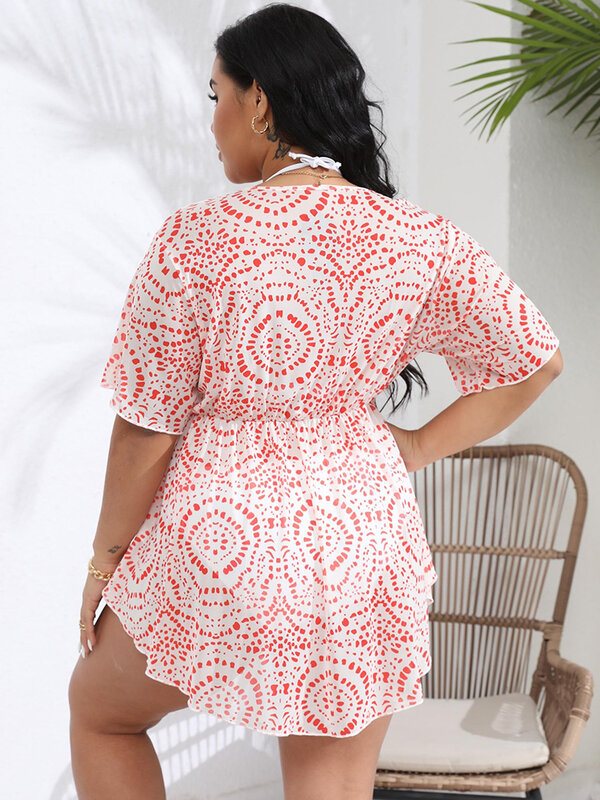 GIBSIE gaun pantai Boho wanita, ukuran besar leher V dalam cetak 2024 liburan kasual pinggang elastis pakaian renang penutup