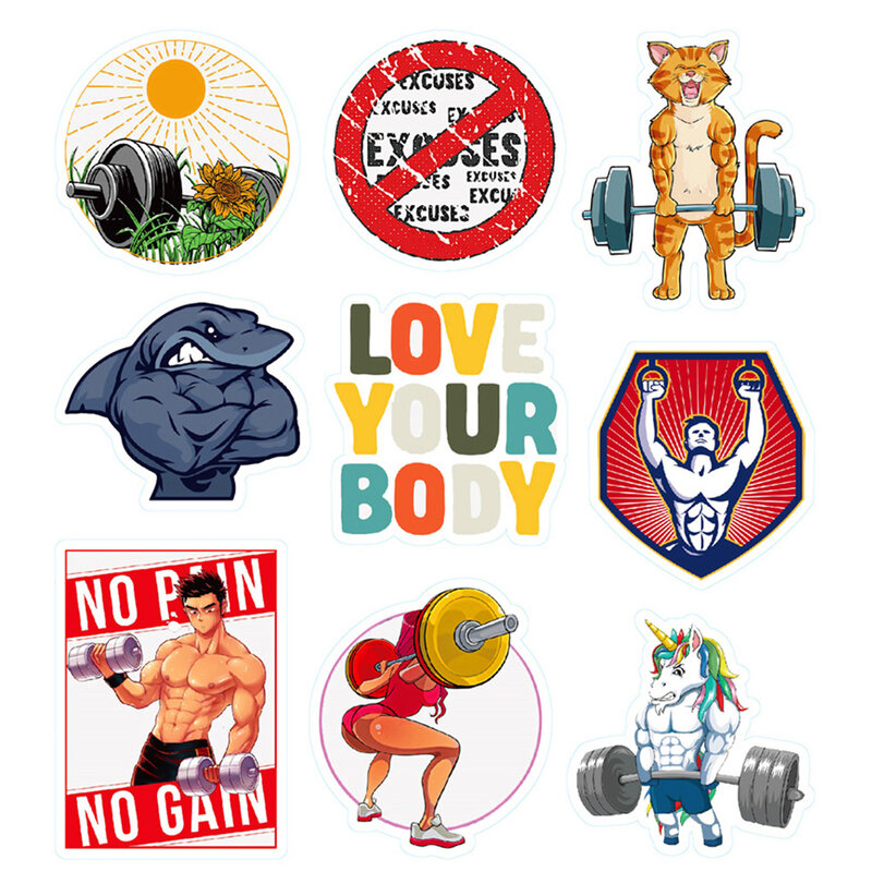 Stiker komunitas olahraga, 10/30/100 buah stiker kebugaran inspirasional DIY botol air Laptop GYM keren stiker PVC untuk mainan anak