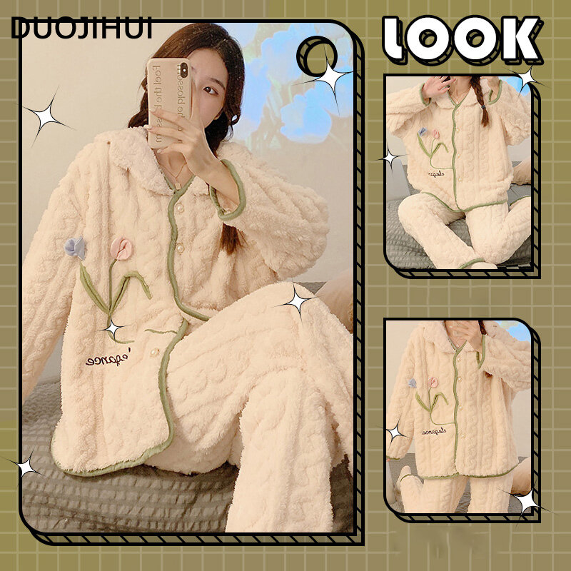 DUOJIHUI-Pijama Floral de dos piezas para mujer, cárdigan cálido, Top y pantalones sueltos, conjuntos de ropa de dormir informal a la moda, elegante y dulce, Invierno