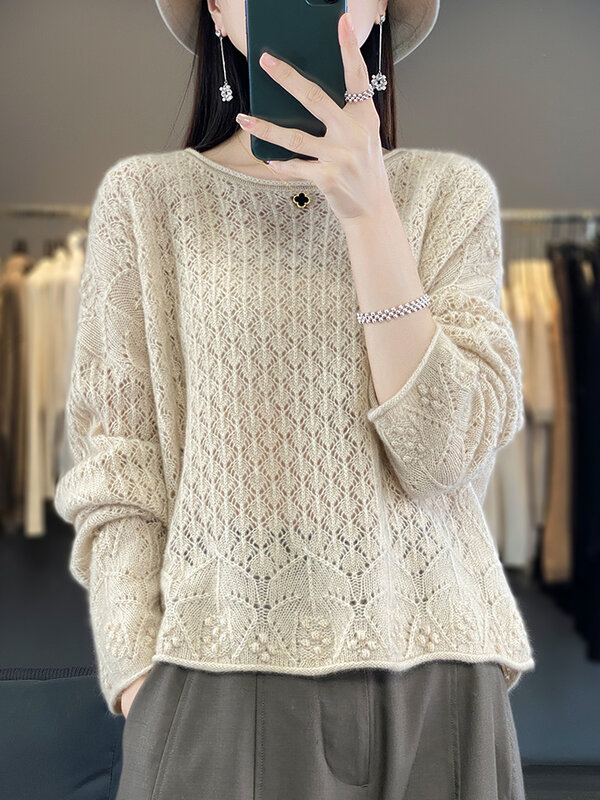 Kemeja wanita Fashion musim semi musim panas t-shirt Pullover leher-o 100% Merino pakaian rajut Hollow Out lengan panjang wol