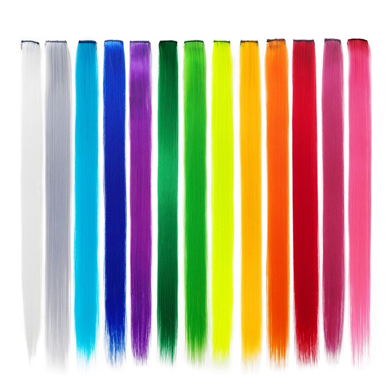 Extensions de cheveux synthétiques à clipser colorées, reflets de fête, postiches droites, arc-en-ciel, 55cm, 13 pièces