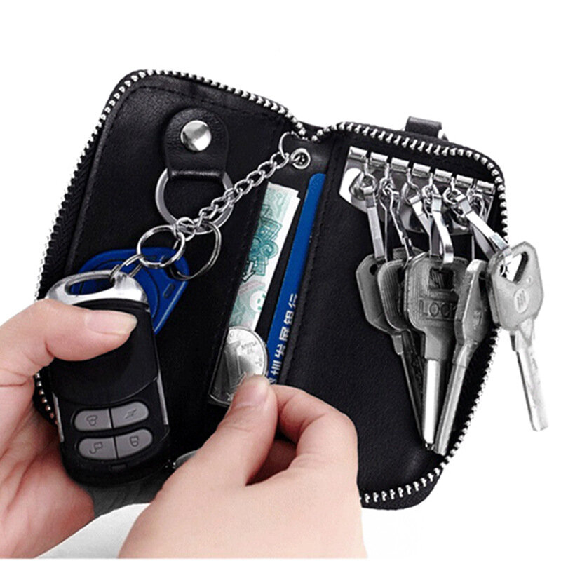 พวงกุญแจหนังแท้กระเป๋าสตางค์ผู้หญิงแบบพกพากล่อง Organizer กระเป๋ารถแม่บ้านกรณีเหรียญขนาดเล็กกระเป๋าเก็บบัตร