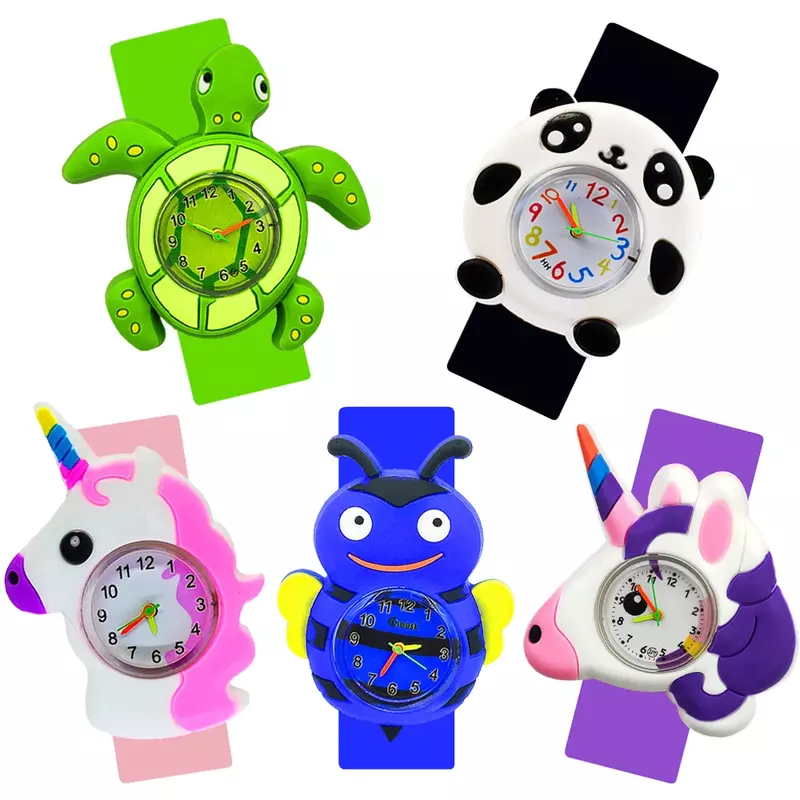 Panda dos desenhos animados unicórnio relógio crianças cognitivo tempo brinquedo verde tartaruga tapa pulseira 1-16 anos de idade crianças relógio menino menina relógio presente
