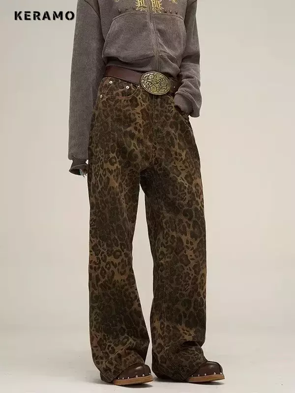 Jeans com estampa leopardo marrom escuro feminino, calças jeans grandes, calças de perna larga, streetwear, hip-hop, vintage, solto, casual