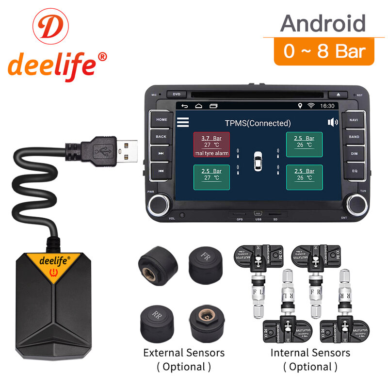 Deelife-sistema de supervisión de presión de neumáticos, TPMS, Android, Sensor interno externo para Radio de coche, reproductor de DVD, USB, TMPS